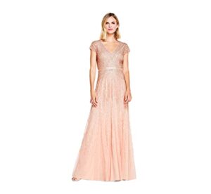 adrianna papell women's long beaded v-neck dress with cap sleeves and waistband, blush, 6