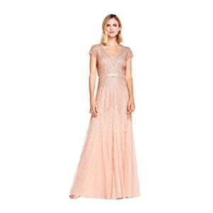 Adrianna Papell Women's Long Beaded V-Neck Dress with Cap Sleeves and Waistband, Blush, 6