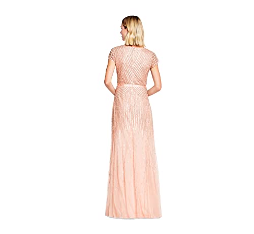 Adrianna Papell Women's Long Beaded V-Neck Dress with Cap Sleeves and Waistband, Blush, 6