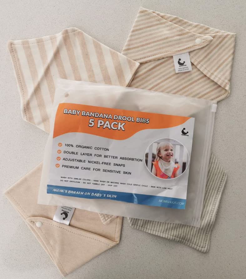 5-Pack Stylish Baby Bandana Drool Bibs 2 Ply 100% Naturall Colored Cotton - Neutral and Absorbent for Boys and Girls