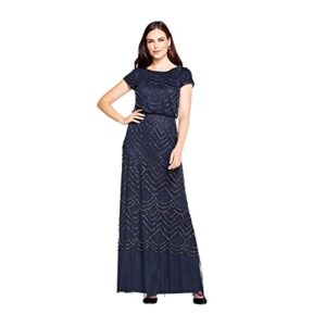 Adrianna Papell Women's Short Sleeve Blouson Beaded Gown, Navy, 10