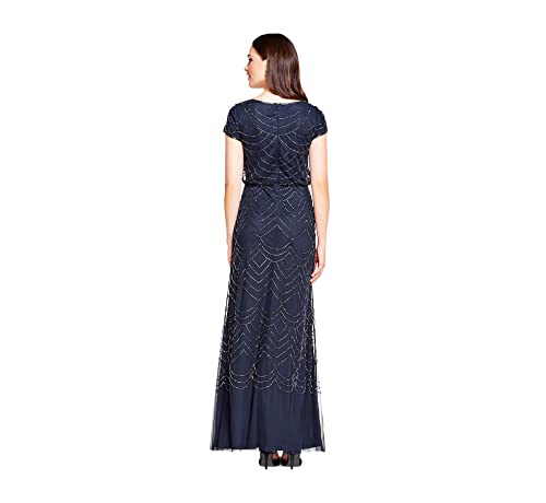 Adrianna Papell Women's Short Sleeve Blouson Beaded Gown, Navy, 10