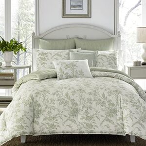 laura ashley home - queen size comforter set, reversible cotton bedding, includes matching shams with bonus euro shams & throw pillows (natalie sage/off white, queen)