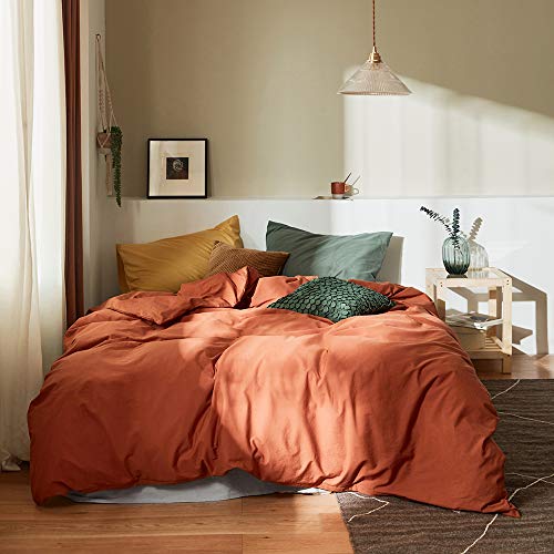 AMWAN Caramel Bedding Duvet Cover Full Queen Rust Color Comforter Cover 100% Washed Cotton Duvet Quilt Cover Brown Bedding Collection 1 Duvet Cover 2 Yellow/Green Pillowcases