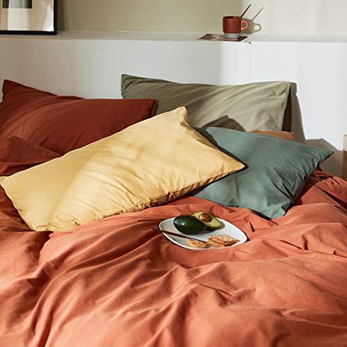 AMWAN Caramel Bedding Duvet Cover Full Queen Rust Color Comforter Cover 100% Washed Cotton Duvet Quilt Cover Brown Bedding Collection 1 Duvet Cover 2 Yellow/Green Pillowcases