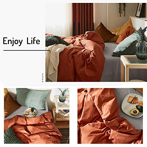 AMWAN Caramel Bedding Duvet Cover Full Queen Rust Color Comforter Cover 100% Washed Cotton Duvet Quilt Cover Brown Bedding Collection 1 Duvet Cover 2 Yellow/Green Pillowcases