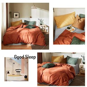 AMWAN Caramel Bedding Duvet Cover Full Queen Rust Color Comforter Cover 100% Washed Cotton Duvet Quilt Cover Brown Bedding Collection 1 Duvet Cover 2 Yellow/Green Pillowcases