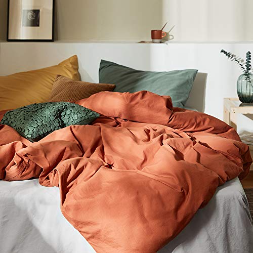 AMWAN Caramel Bedding Duvet Cover Full Queen Rust Color Comforter Cover 100% Washed Cotton Duvet Quilt Cover Brown Bedding Collection 1 Duvet Cover 2 Yellow/Green Pillowcases