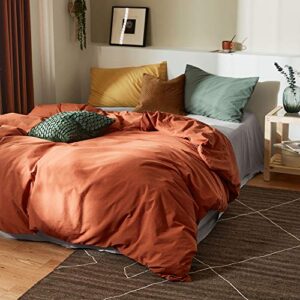 AMWAN Caramel Bedding Duvet Cover Full Queen Rust Color Comforter Cover 100% Washed Cotton Duvet Quilt Cover Brown Bedding Collection 1 Duvet Cover 2 Yellow/Green Pillowcases