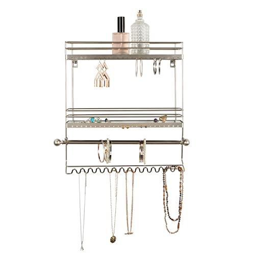 Home Details Wall Mounted Jewelry Organizer | Dimensions: 14.6"x 3.9"x 15.6" | 2 Tier Mirror | Home Organization | Great for Bracelets | Necklaces | Earrings | Mirror Based Shelf | Satin Finish