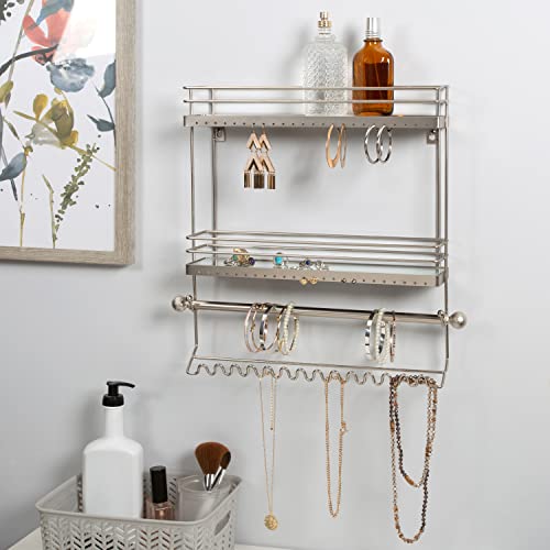 Home Details Wall Mounted Jewelry Organizer | Dimensions: 14.6"x 3.9"x 15.6" | 2 Tier Mirror | Home Organization | Great for Bracelets | Necklaces | Earrings | Mirror Based Shelf | Satin Finish