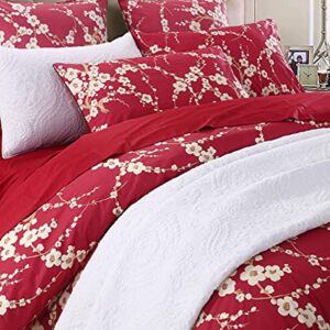 Brandream King Size Duvet Cover Set Japanese Oriental Style Cherry Floral Red Blossom Flower Branches Print Chinoiserie Bedding Pillowcases Set 800TC Egyptian Cotton Sateen Botanical Tree 3 Piece