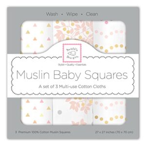 swaddledesigns cotton muslin squares, set of 3, 27x27 inches, pink heavenly floral