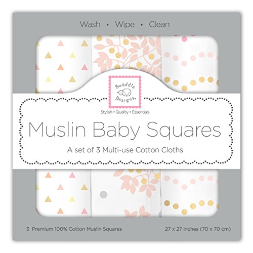 SwaddleDesigns Cotton Muslin Squares, Set of 3, 27x27 inches, Pink Heavenly Floral