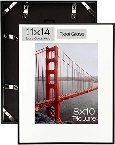 Frametory, 11x14 Aluminum Picture Frame - 11x14 Black Frame with Ivory Color Mat for 8x10 Photo - 14 by 11 Metal Photo Frame & Real Glass - Sawtooth Hanger included for Wall Display - 1 Pack