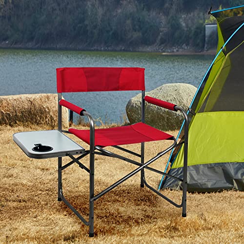 PORTAL Portable Compact Steel Frame Director’s Side Table Lightweight Oversized Chair for Outdoor Camp Fishing Picnic Lawn, Support 225lbs, Red