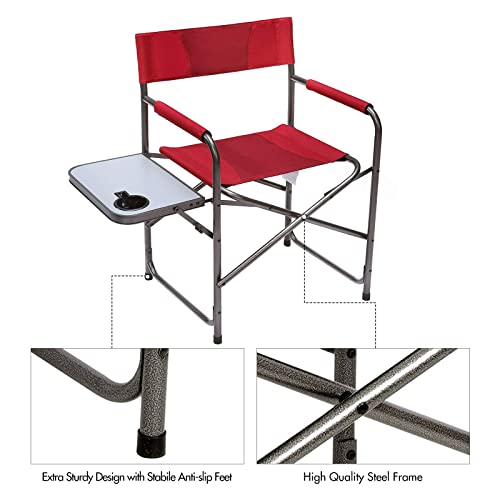 PORTAL Portable Compact Steel Frame Director’s Side Table Lightweight Oversized Chair for Outdoor Camp Fishing Picnic Lawn, Support 225lbs, Red