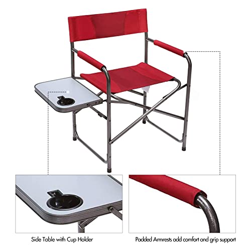 PORTAL Portable Compact Steel Frame Director’s Side Table Lightweight Oversized Chair for Outdoor Camp Fishing Picnic Lawn, Support 225lbs, Red