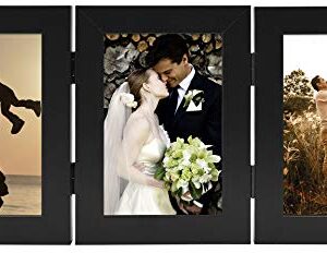 Golden State Art, 4x6 Three Picture Frame Trifold Hinged Photo Frame with 3 Openings, Desk Top Family Picture Collage, with Real Glass (4x6 Triple, Black, 1-Pack)