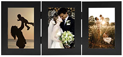 Golden State Art, 4x6 Three Picture Frame Trifold Hinged Photo Frame with 3 Openings, Desk Top Family Picture Collage, with Real Glass (4x6 Triple, Black, 1-Pack)