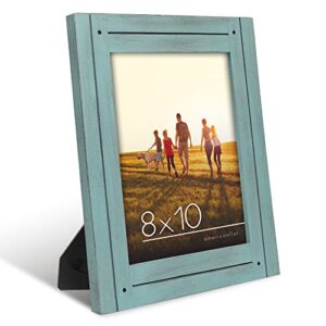 americanflat 8x10 picture frame in turquoise blue - rustic picture frame with textured engineered wood, shatter resistant glass, and easel - horizontal and vertical formats for wall and tabletop