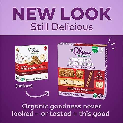 Plum Organics Snack Bars Mighty Morning Apple Cinnamon 5 Count 8 Pack Organic Snack for Kids, Toddlers, New Look, Packaging May Vary