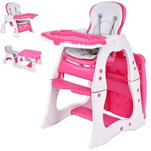 costzon baby high chair, 3 in 1 infant table and chair set, convertible booster seat with 3-position adjustable feeding tray, adjustable seat back, 5-point harness (pink)