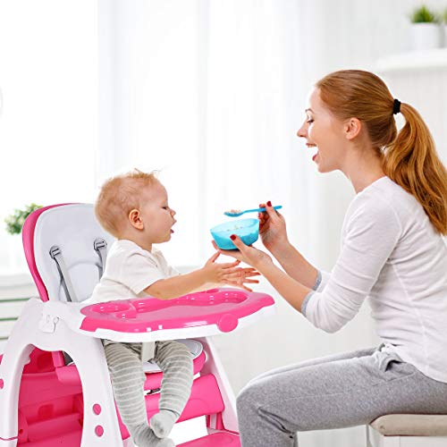 Costzon Baby High Chair, 3 in 1 Infant Table and Chair Set, Convertible Booster Seat with 3-Position Adjustable Feeding Tray, Adjustable Seat Back, 5-Point Harness (Pink)