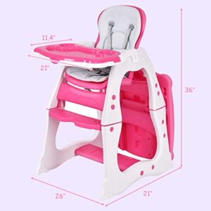 Costzon Baby High Chair, 3 in 1 Infant Table and Chair Set, Convertible Booster Seat with 3-Position Adjustable Feeding Tray, Adjustable Seat Back, 5-Point Harness (Pink)