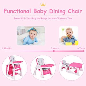 Costzon Baby High Chair, 3 in 1 Infant Table and Chair Set, Convertible Booster Seat with 3-Position Adjustable Feeding Tray, Adjustable Seat Back, 5-Point Harness (Pink)