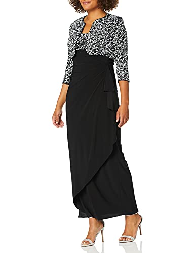 Alex Evenings Women's Empire Waist Dress with Side Ruched Skirt and Jacket (Petite and Regular Sizes), Black/White, 16