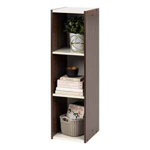iris usa 3-tier cubby storage bookshelf with adjustable shelves, 10" width stackable easy assembly space saving shelving unit bookcase, walnut brown/white