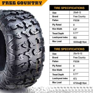 Set 4 Premium FREE COUNTRY ATV/UTV Tires 25x8-12 Front & 25x10-12 Rear / 8PR w/Side Scuff Guard …