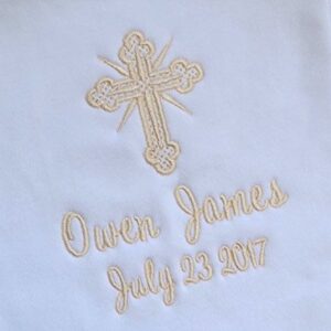 Funny Girl Designs Christening Bib Keepsake Gift Personalized and Embroidered Cross Name and Baptism Date in IVORY THREAD