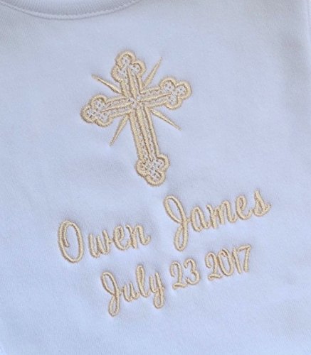 Funny Girl Designs Christening Bib Keepsake Gift Personalized and Embroidered Cross Name and Baptism Date in IVORY THREAD