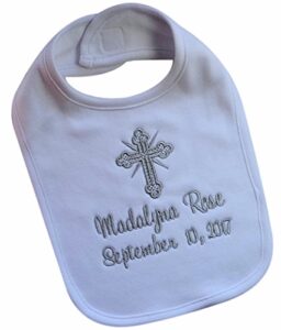 funny girl designs christening bib for babies personalized and embroidered name and baptism date in silver thread