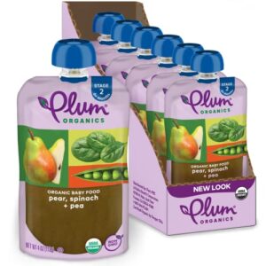 plum organics | stage 2 | organic baby food meals [6+ months] | pear, spinach & pea | 4 ounce pouch (pack of 6)