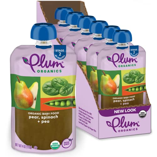 Plum Organics | Stage 2 | Organic Baby Food Meals [6+ Months] | Pear, Spinach & Pea | 4 Ounce Pouch (Pack Of 6)