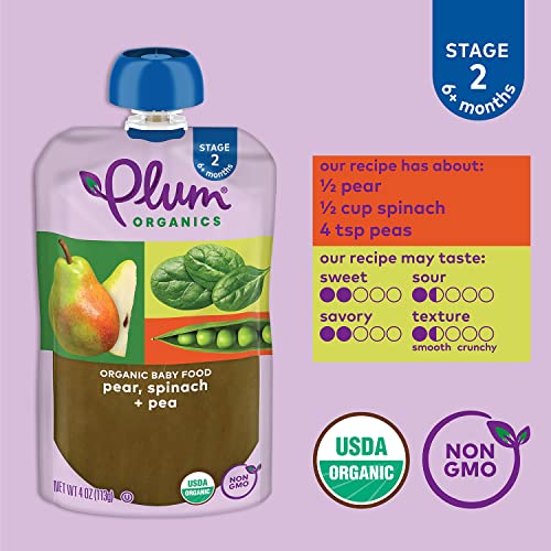 Plum Organics | Stage 2 | Organic Baby Food Meals [6+ Months] | Pear, Spinach & Pea | 4 Ounce Pouch (Pack Of 6)