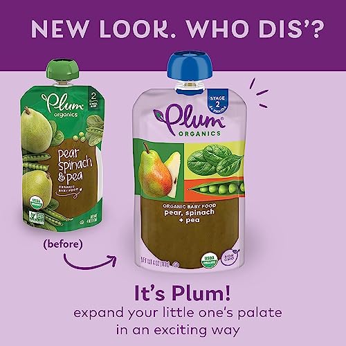 Plum Organics | Stage 2 | Organic Baby Food Meals [6+ Months] | Pear, Spinach & Pea | 4 Ounce Pouch (Pack Of 6)