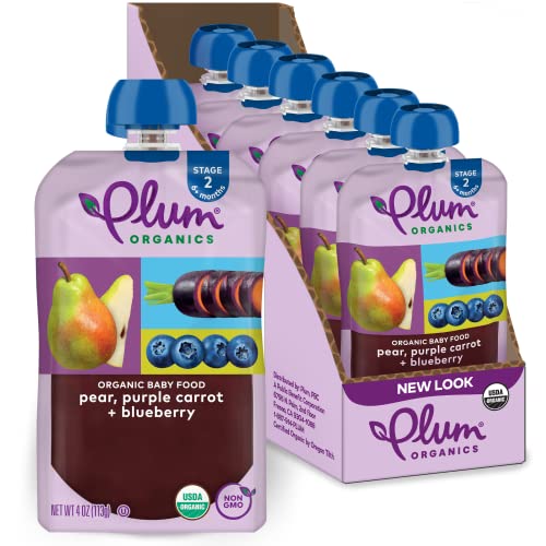 Plum Organics Baby Food Pouch | Stage 2 | Pear, Purple Carrot and Blueberry | 3.5 Ounce | 6 Pack | Fresh Organic Food Squeeze | For Babies, Kids, Toddlers