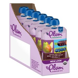 Plum Organics Baby Food Pouch | Stage 2 | Pear, Purple Carrot and Blueberry | 3.5 Ounce | 6 Pack | Fresh Organic Food Squeeze | For Babies, Kids, Toddlers