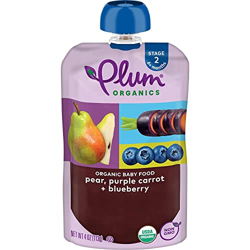 Plum Organics Baby Food Pouch | Stage 2 | Pear, Purple Carrot and Blueberry | 3.5 Ounce | 6 Pack | Fresh Organic Food Squeeze | For Babies, Kids, Toddlers