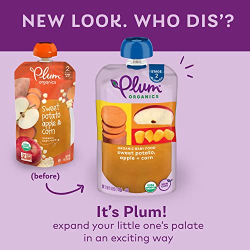 Plum Organics | Stage 2 | Organic Baby Food Meals [6+ Months] | Sweet Potato, Apple & Corn | 4 Ounce Pouch (Pack Of 6) Packaging May Vary