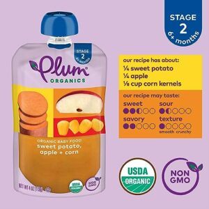 Plum Organics | Stage 2 | Organic Baby Food Meals [6+ Months] | Sweet Potato, Apple & Corn | 4 Ounce Pouch (Pack Of 6) Packaging May Vary