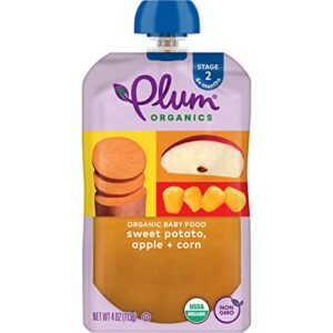 Plum Organics | Stage 2 | Organic Baby Food Meals [6+ Months] | Sweet Potato, Apple & Corn | 4 Ounce Pouch (Pack Of 6) Packaging May Vary