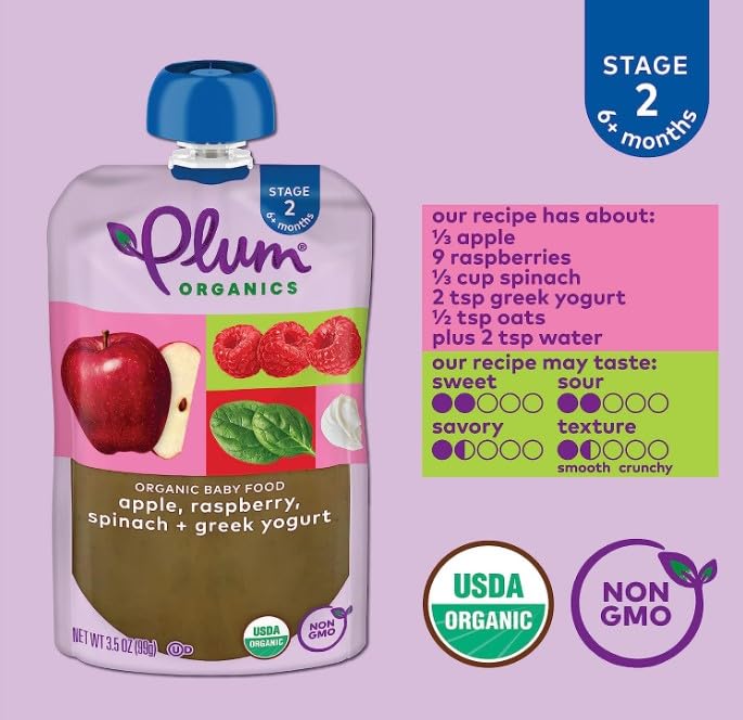 Plum Organics | Stage 2 | Organic Baby Food Meals [6+ Months] | Apple, Raspberry, Spinach & Greek Yogurt | 3.5 Ounce Pouch (Pack Of 6) Packaging May Vary