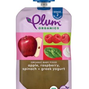 Plum Organics | Stage 2 | Organic Baby Food Meals [6+ Months] | Apple, Raspberry, Spinach & Greek Yogurt | 3.5 Ounce Pouch (Pack Of 6) Packaging May Vary