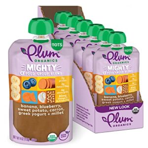 plum organics | mighty food group blend | organic baby food meals [12+ months] | banana, blueberry, sweet potato, carrot, greek yogurt & millet | 4 ounce pouch (pack of 6) packaging may vary