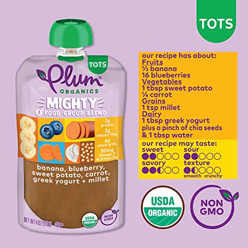 Plum Organics | Mighty Food Group Blend | Organic Baby Food Meals [12+ Months] | Banana, Blueberry, Sweet Potato, Carrot, Greek Yogurt & Millet | 4 Ounce Pouch (Pack Of 6) Packaging May Vary